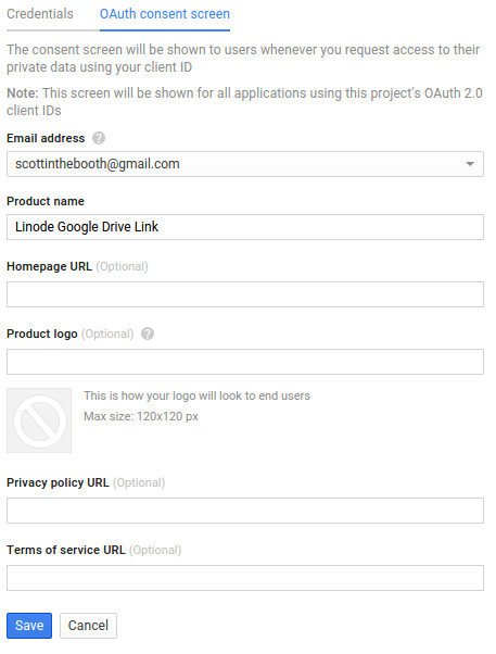 Configuring the Google Drive API project. I named mine “Google Drive Linode link” Configuring the Google Drive API project. I named mine “Google Drive Linode link”
