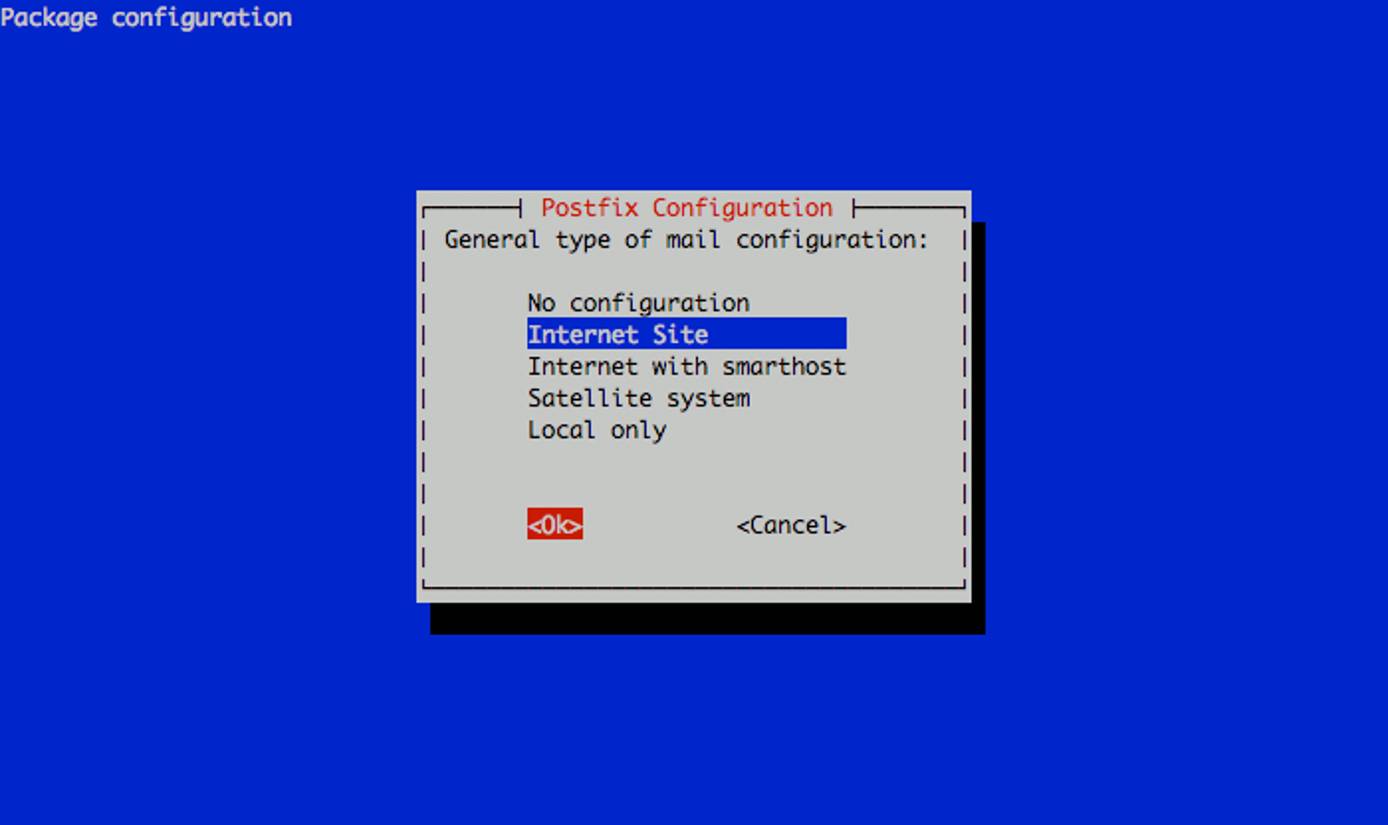 Selecting the Postfix mail server configuration type on an Ubuntu 9.10 (Karmic) Linode. Selecting the Postfix mail server configuration type on an Ubuntu 9.10 (Karmic) Linode.