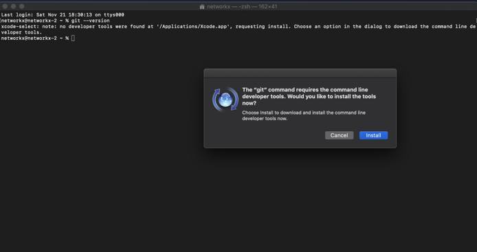 The “git” command requires the command line developer tools.