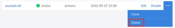 Screenshot of a domain entry with the Delete button highlighted